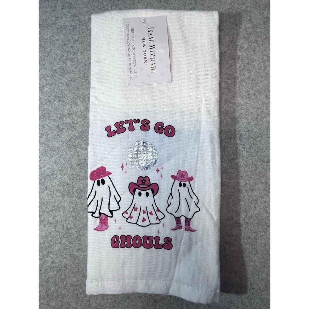 Isaac Mizrahi Halloween Kitchen Towel 2 Pk "Let's Go Ghouls" Pink Cowgirl Ghosts